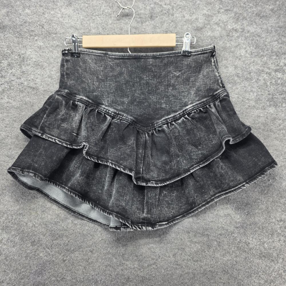 Idem Ditto Skirt Womens L Black Short Layered Ruffle Denim Lined Stretch Zipper